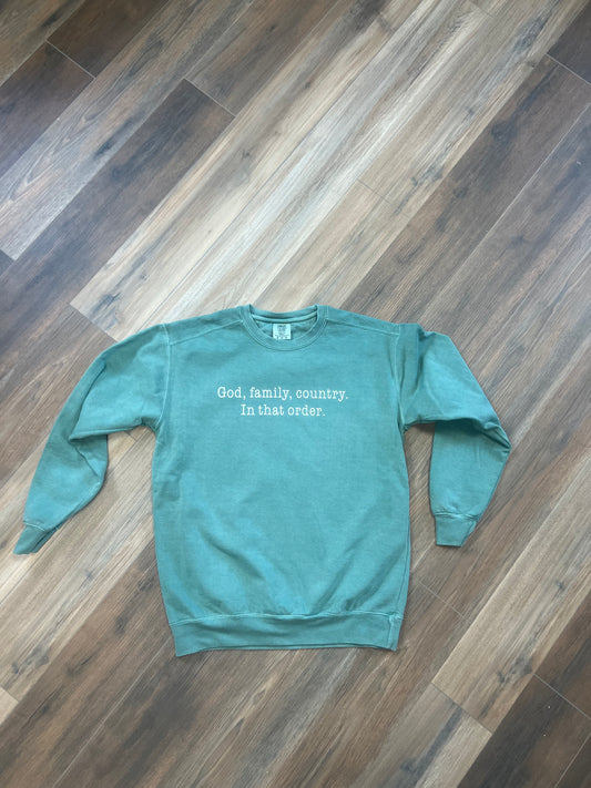 Comfort Colors Sweatshirt.  God, Family, Counrty.