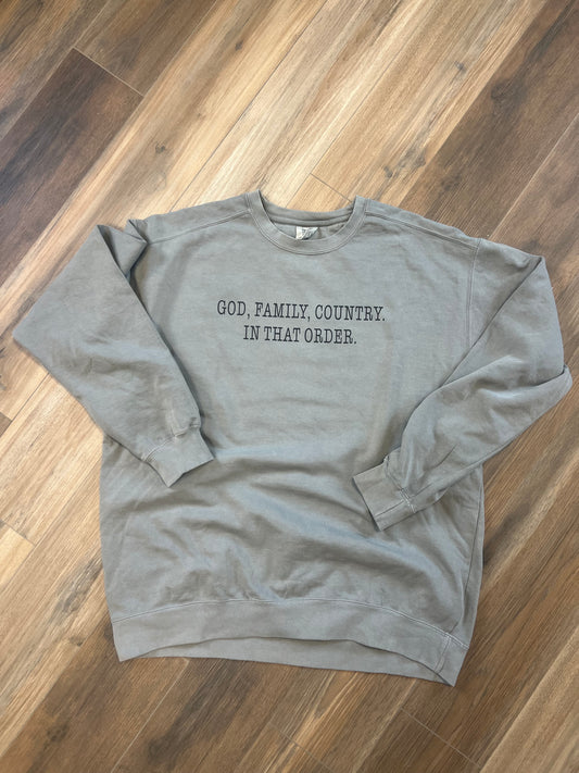 Comfort Colors Sweatshirt.  God, Family, Country.